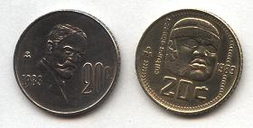 1) son de 1983. 2) son de 20c 3) tienen el s�mbolo m del banco de m�xico. 4) muestran rostros 5) son  del mismo tama�o.