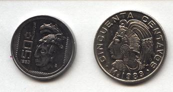 1) son de 50c 2) son de 1983 3) muestras rostros prehisp�nicos 4) son plateadas 5)tienen el s�mbolo m  del banco de m�xico